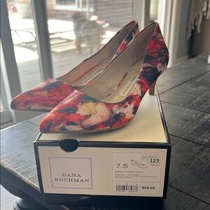 Dana Buchman Red and Pink Floral Heels